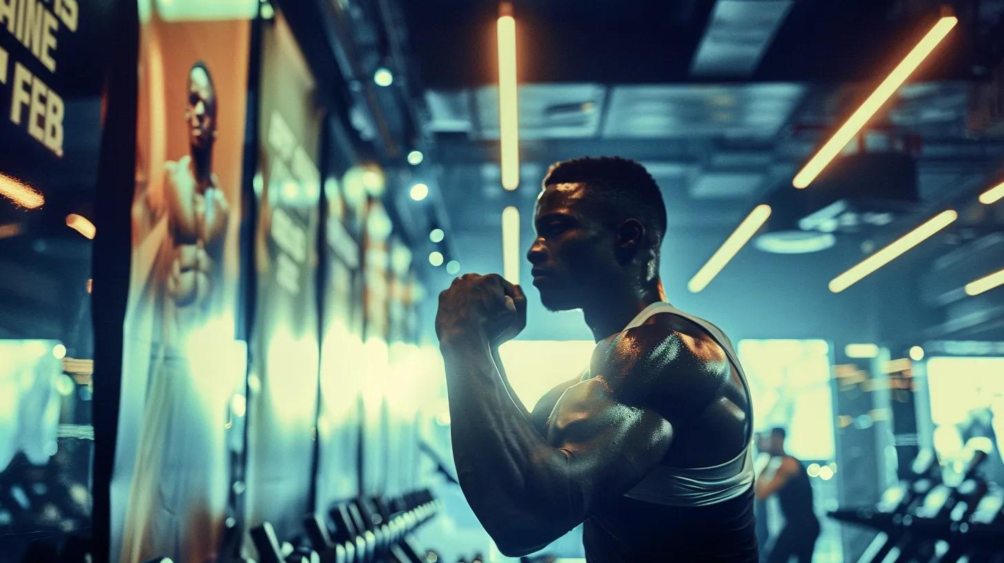 a dynamic and motivational gym setting showcases a determined individual engaging in an intense workout, surrounded by vibrant posters promoting weight loss and fitness, with bright overhead lighting illuminating their focused expression and the sweat glistening on their skin.