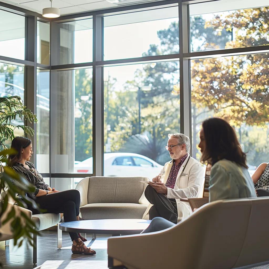 a modern, welcoming medical office in atlanta features a confident doctor discussing personalized weight loss plans with a diverse group of patients, illuminated by bright, natural light streaming through large windows.