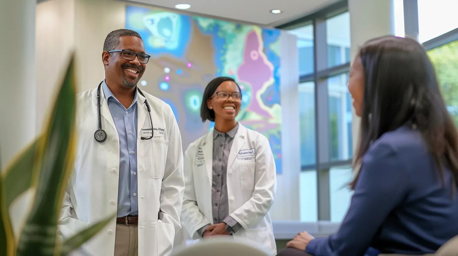 a sleek, modern atlanta healthcare office showcases a confident healthcare professional engaging with a diverse group of patients, all attentively discussing the transformative health benefits of semaglutide against a backdrop of engaging infographics and calming interior design.