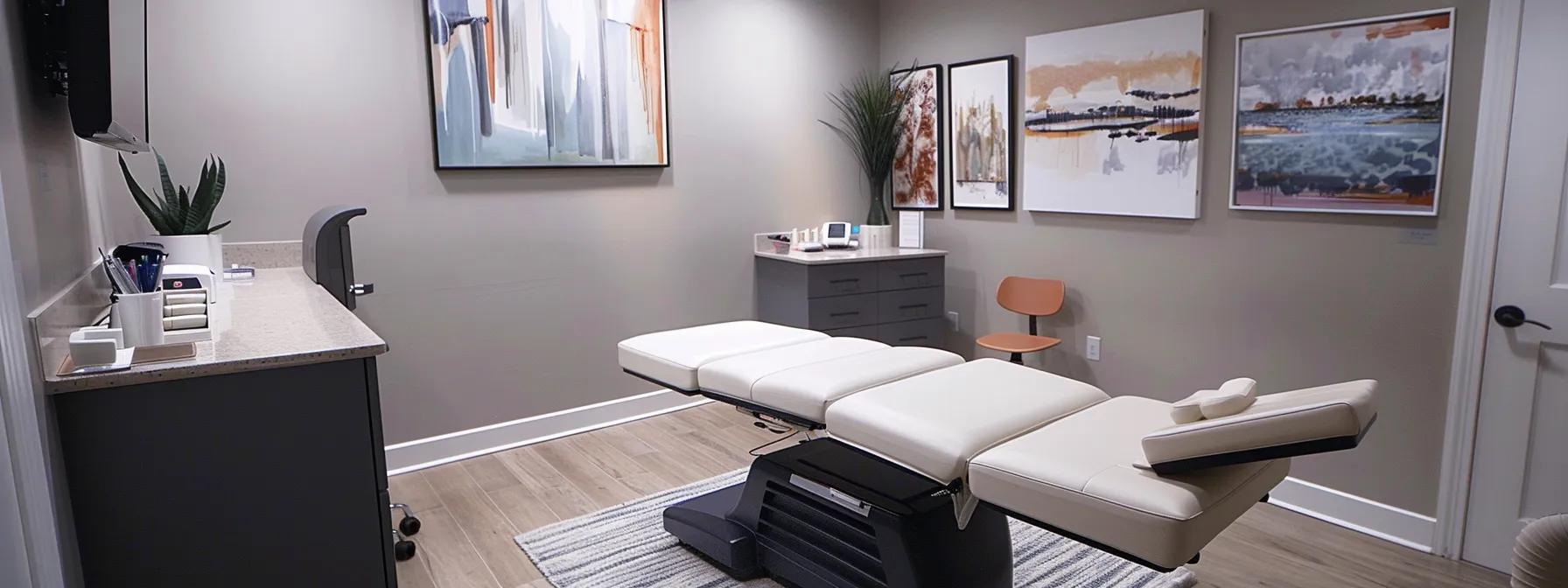 a sleek, modern weight loss clinic in atlanta features a professionally designed interior with vibrant motivational artwork, showcasing a well-organized consultation area and advanced wellness technology, all under warm, inviting lighting.